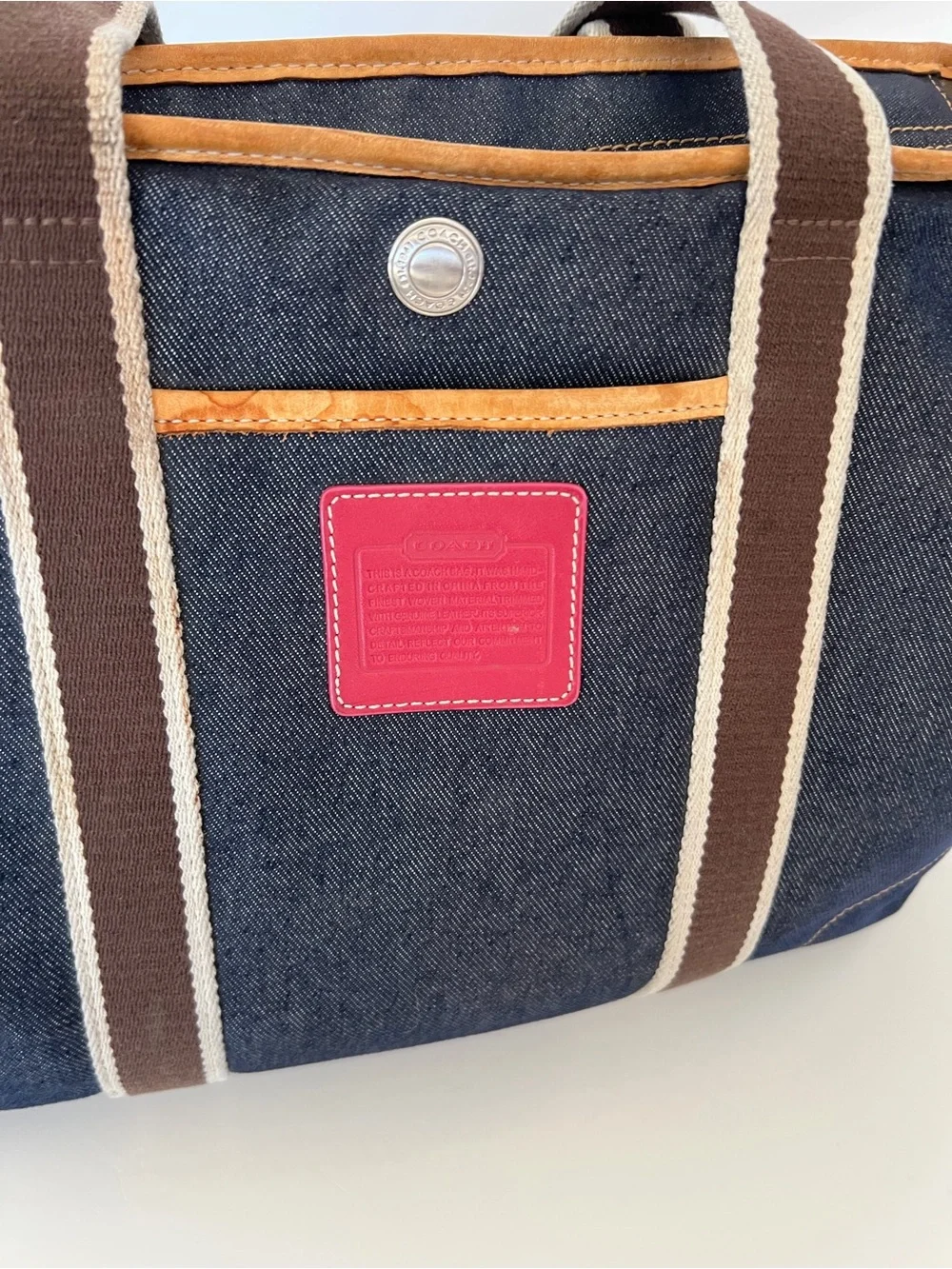 Coach Vintage Y2K Denim Varsity Stripe Large Denim Tote Bag Leather Trim 3K-7544